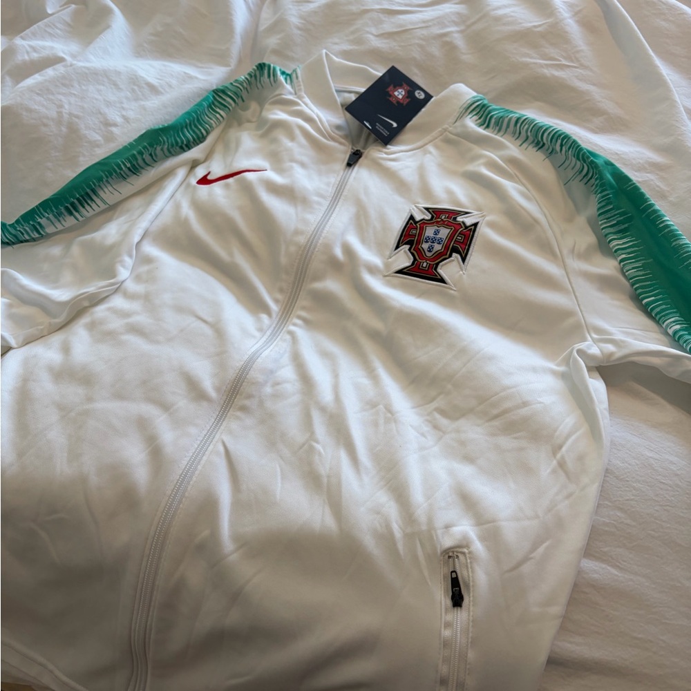 Nike White Track Jacket with Green Accents and Red Swoosh